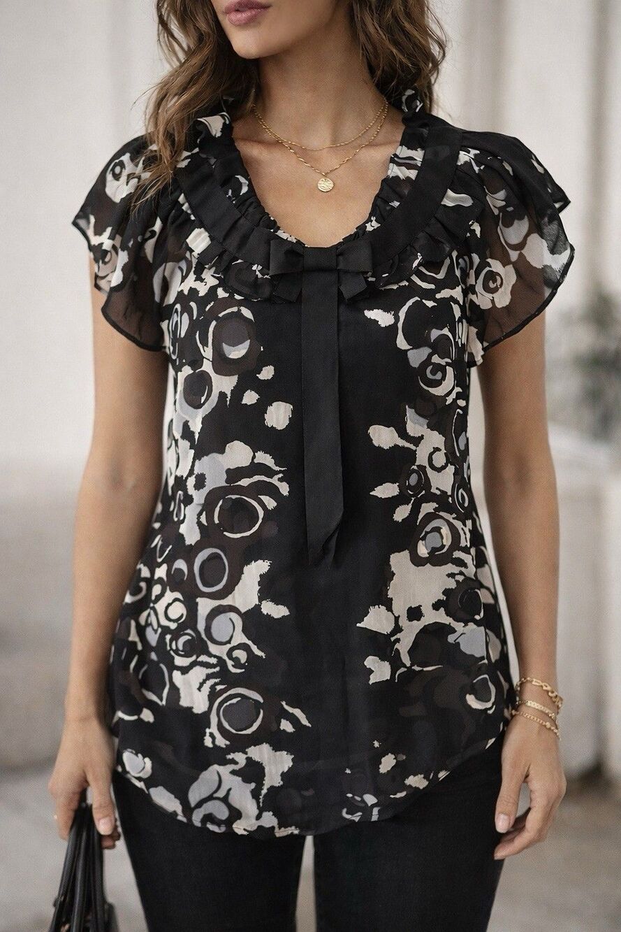 Belissimo New York Sheet Blouse Size Small Black White Floral Ruffled Neck Bow